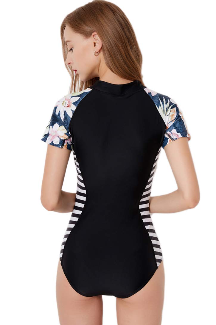 Micosuza Womens Rash Guard Short Sleeve Zip Printed One Piece Swimsuit Black Stripes - Image 4